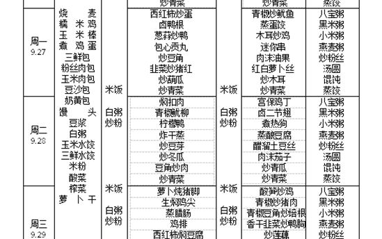 校园食谱：2021年9月26日—30日