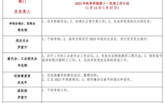 2023年秋季学期 第十一双周工作计划